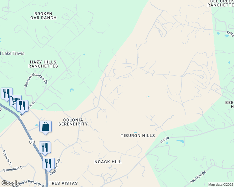 map of restaurants, bars, coffee shops, grocery stores, and more near 21514 Darley Road in Spicewood