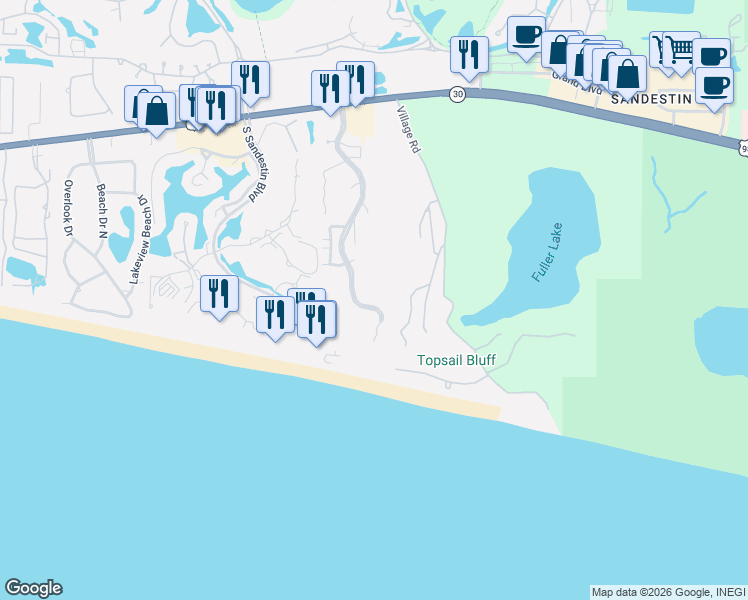 map of restaurants, bars, coffee shops, grocery stores, and more near 515 Tops'l Beach Boulevard in Miramar Beach