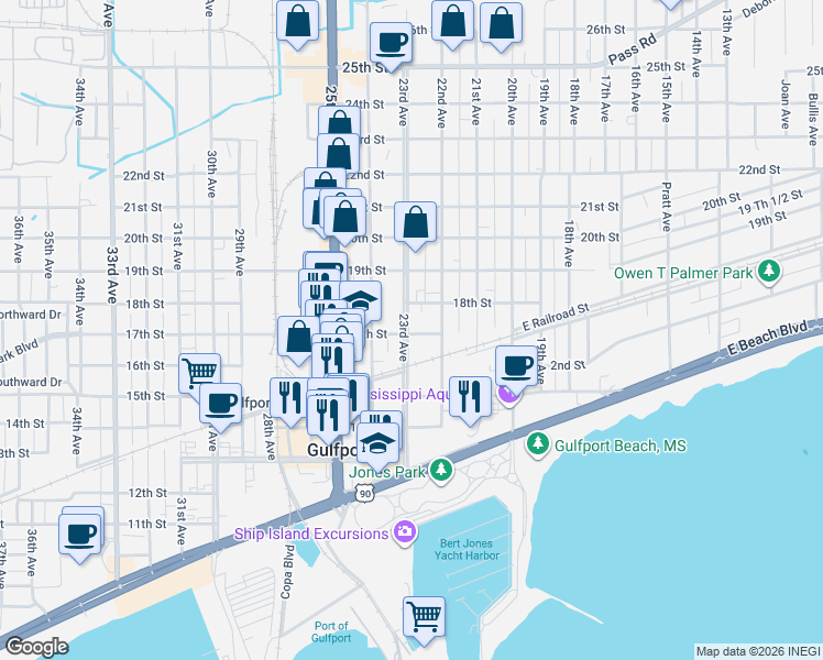 map of restaurants, bars, coffee shops, grocery stores, and more near 1720 23rd Ave in Gulfport