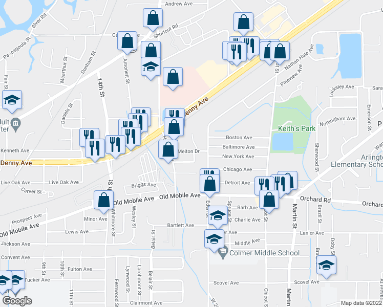 map of restaurants, bars, coffee shops, grocery stores, and more near 3707 Corinth Street in Pascagoula