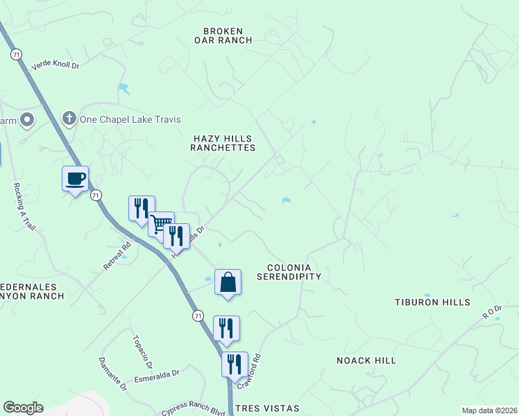 map of restaurants, bars, coffee shops, grocery stores, and more near 4021 Hazy Hills Drive in Spicewood