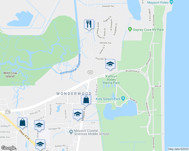 map of restaurants, bars, coffee shops, grocery stores, and more near 657 Wonderwood Drive in Jacksonville