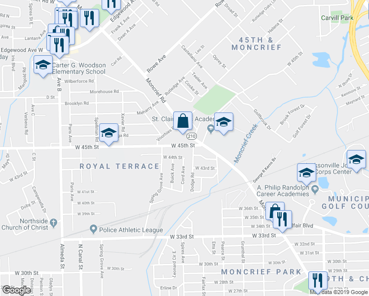 map of restaurants, bars, coffee shops, grocery stores, and more near 5540 Moncrief Road in Jacksonville