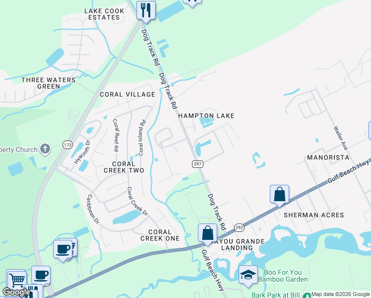 map of restaurants, bars, coffee shops, grocery stores, and more near 9794 Brookstone Way in Pensacola