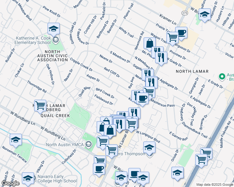 map of restaurants, bars, coffee shops, grocery stores, and more near 915 Ken Street in Austin