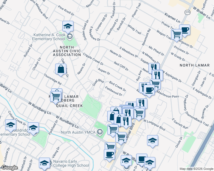 map of restaurants, bars, coffee shops, grocery stores, and more near 13 Quail Boulevard in Austin