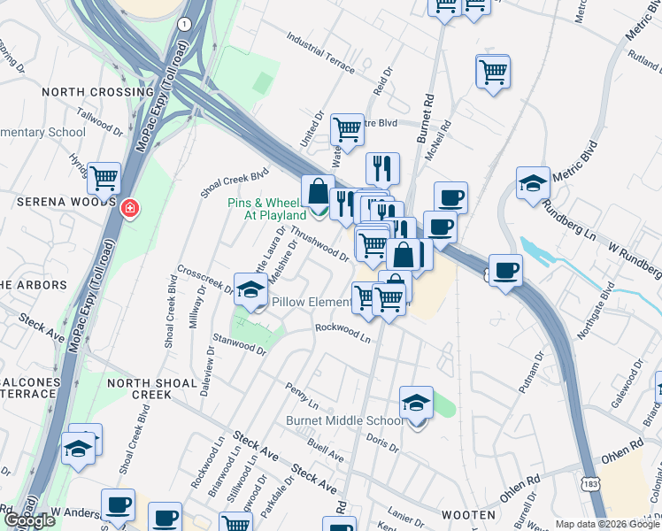 map of restaurants, bars, coffee shops, grocery stores, and more near 2706 Thrushwood Drive in Austin