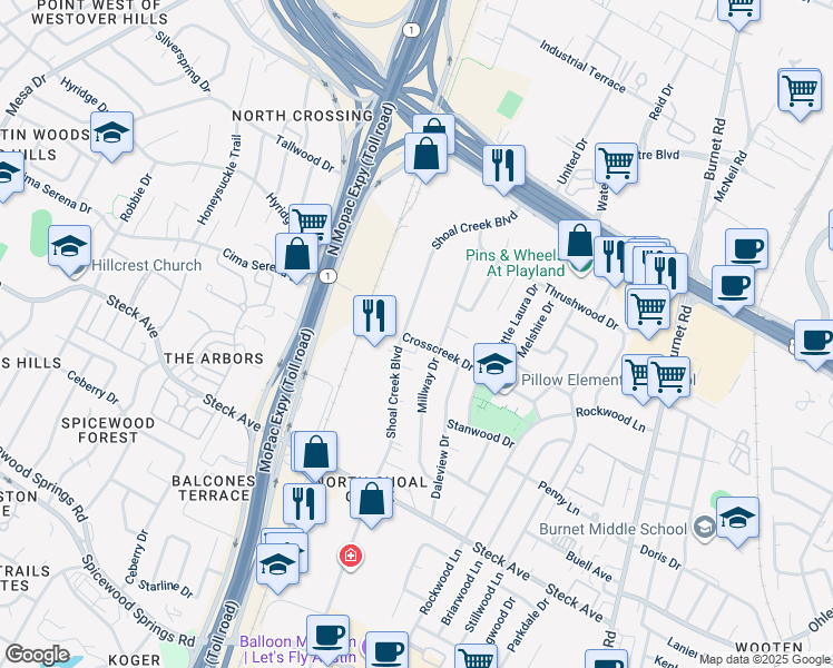 map of restaurants, bars, coffee shops, grocery stores, and more near 8605 Shoal Creek Boulevard in Austin