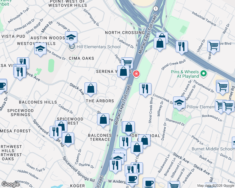 map of restaurants, bars, coffee shops, grocery stores, and more near 8400 North Mopac Expressway in Austin