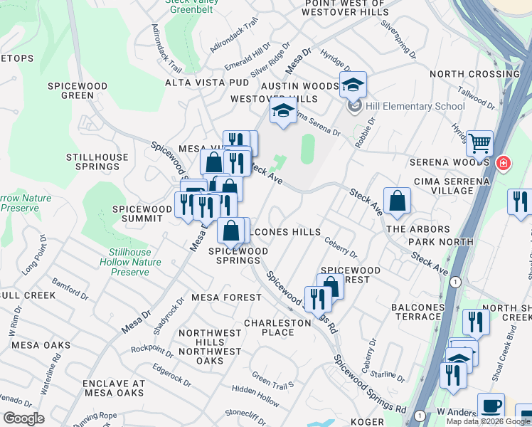 map of restaurants, bars, coffee shops, grocery stores, and more near 8134 Meandering Way in Austin