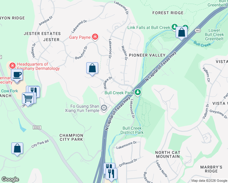map of restaurants, bars, coffee shops, grocery stores, and more near 7211 Lakewood Drive in Austin