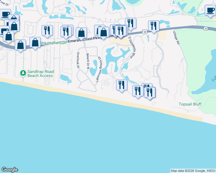 map of restaurants, bars, coffee shops, grocery stores, and more near 4817 Westwinds Drive in Miramar Beach