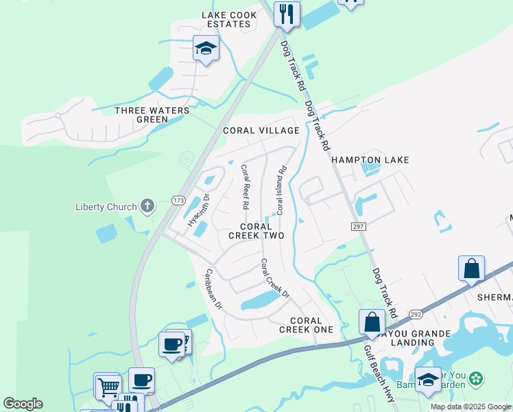 map of restaurants, bars, coffee shops, grocery stores, and more near 2113 Coral Creek Drive in Pensacola