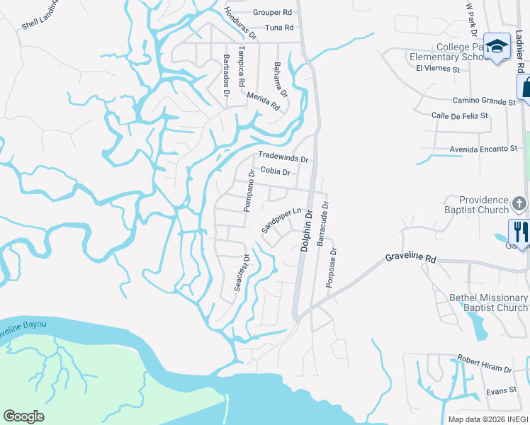 map of restaurants, bars, coffee shops, grocery stores, and more near 2120 Cockleshell Lane in Gautier