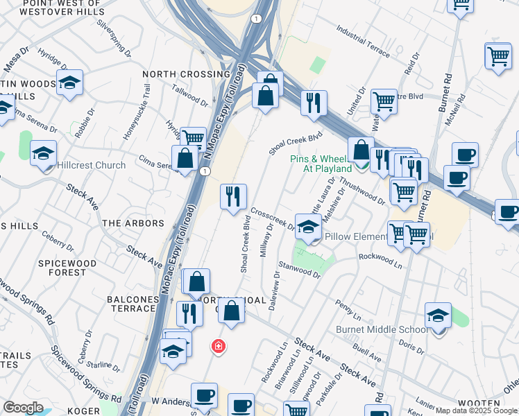 map of restaurants, bars, coffee shops, grocery stores, and more near 8605 Shoal Creek Boulevard in Austin