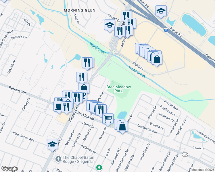 map of restaurants, bars, coffee shops, grocery stores, and more near 7004 Meadow Park Avennue in Baton Rouge