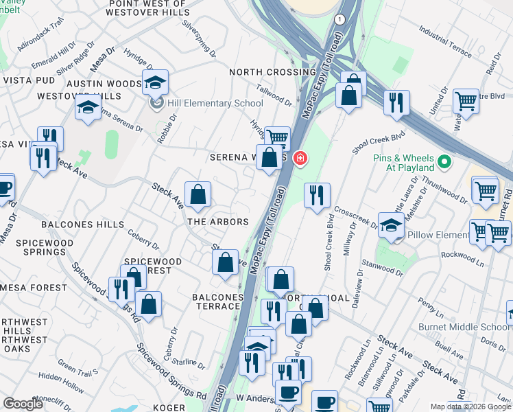 map of restaurants, bars, coffee shops, grocery stores, and more near 8400 North Mopac Expressway in Austin