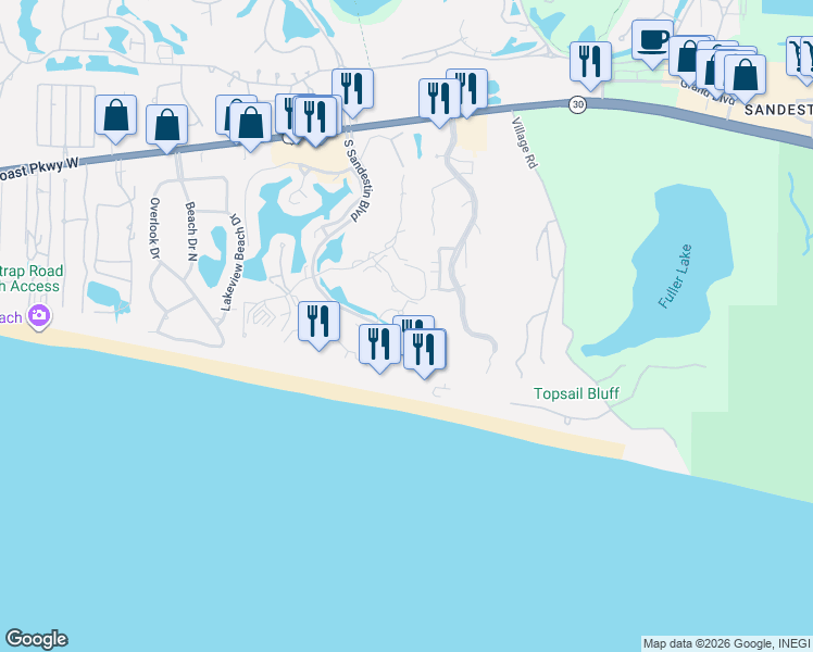map of restaurants, bars, coffee shops, grocery stores, and more near 5002 South Sandestin Boulevard in Destin