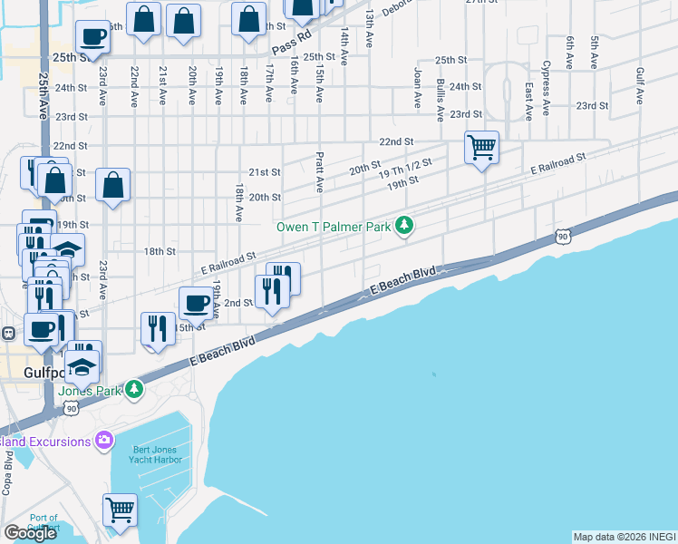 map of restaurants, bars, coffee shops, grocery stores, and more near 1524 2nd Street in Gulfport