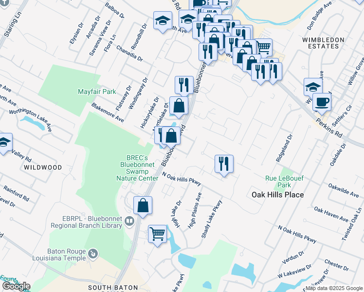map of restaurants, bars, coffee shops, grocery stores, and more near 8595 Bluebonnet Boulevard in Baton Rouge