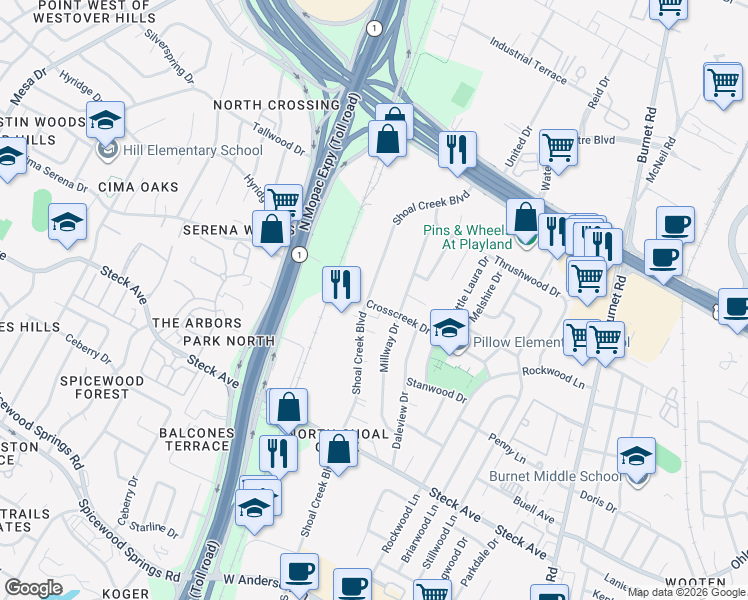 map of restaurants, bars, coffee shops, grocery stores, and more near 8605 Shoal Creek Boulevard in Austin