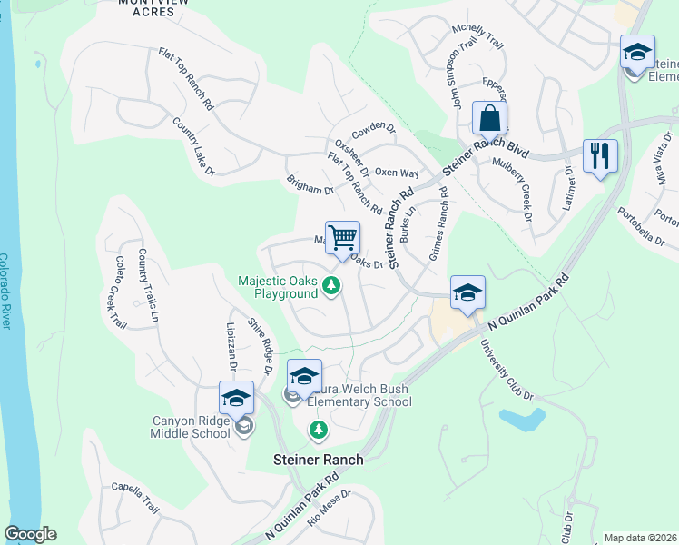 map of restaurants, bars, coffee shops, grocery stores, and more near 2905 Majestic Oaks Pass in Austin