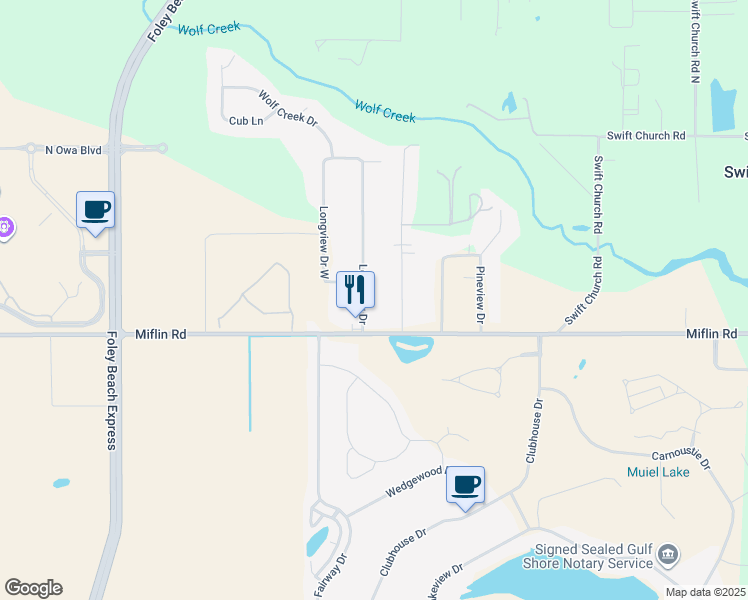 map of restaurants, bars, coffee shops, grocery stores, and more near 10110 Longview Drive in Foley