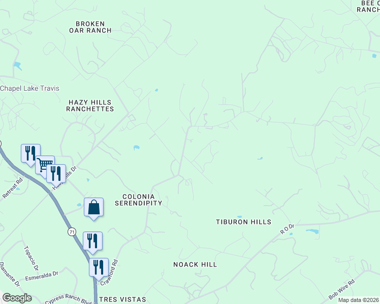 map of restaurants, bars, coffee shops, grocery stores, and more near 3701 Crawford Road in Spicewood