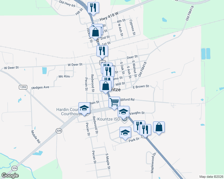 map of restaurants, bars, coffee shops, grocery stores, and more near in Kountze