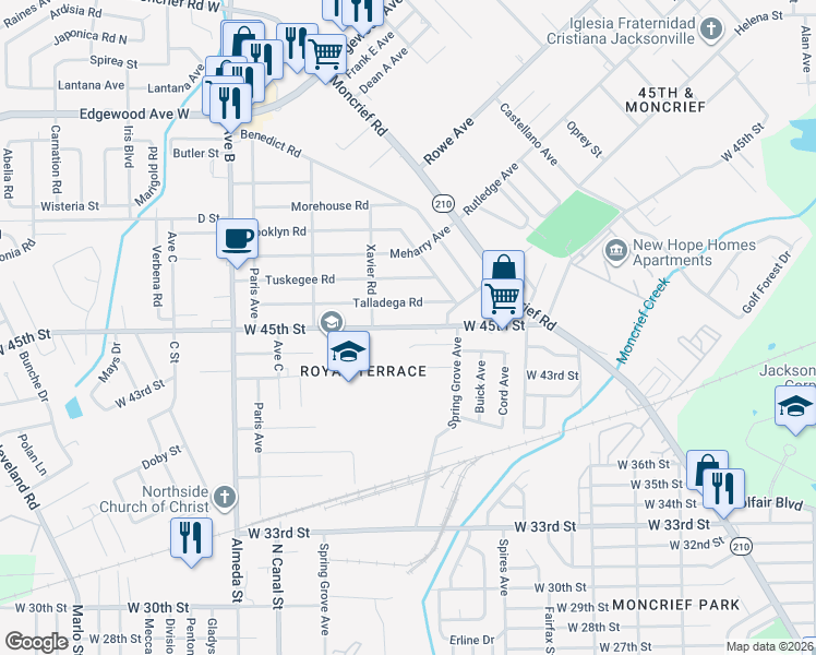 map of restaurants, bars, coffee shops, grocery stores, and more near 1943 West 45th Street in Jacksonville