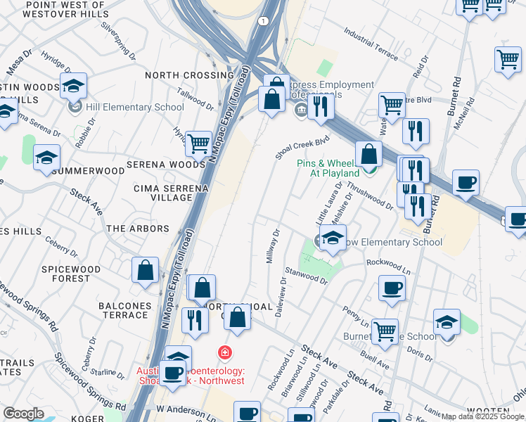 map of restaurants, bars, coffee shops, grocery stores, and more near 8605 Shoal Creek Boulevard in Austin