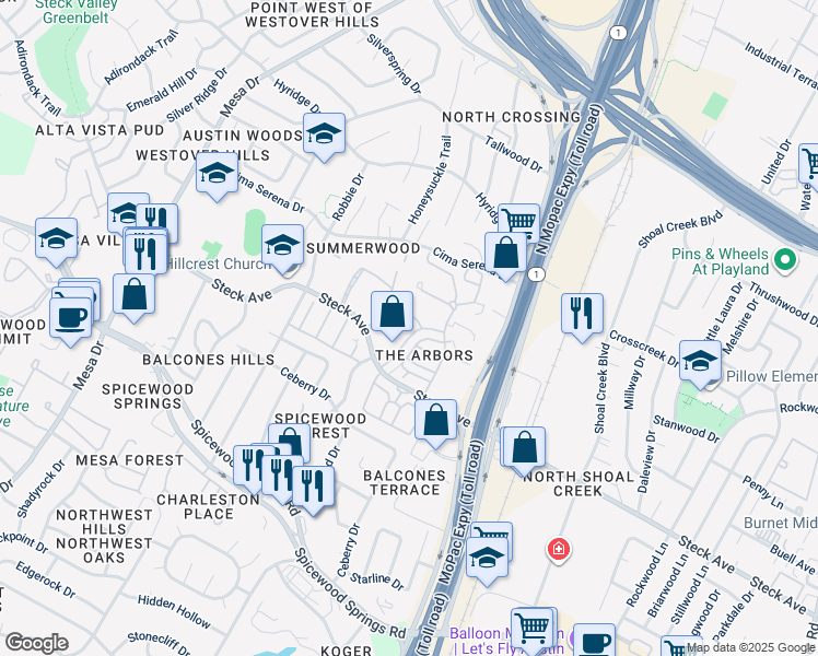 map of restaurants, bars, coffee shops, grocery stores, and more near 8219 Summer Place Drive in Austin