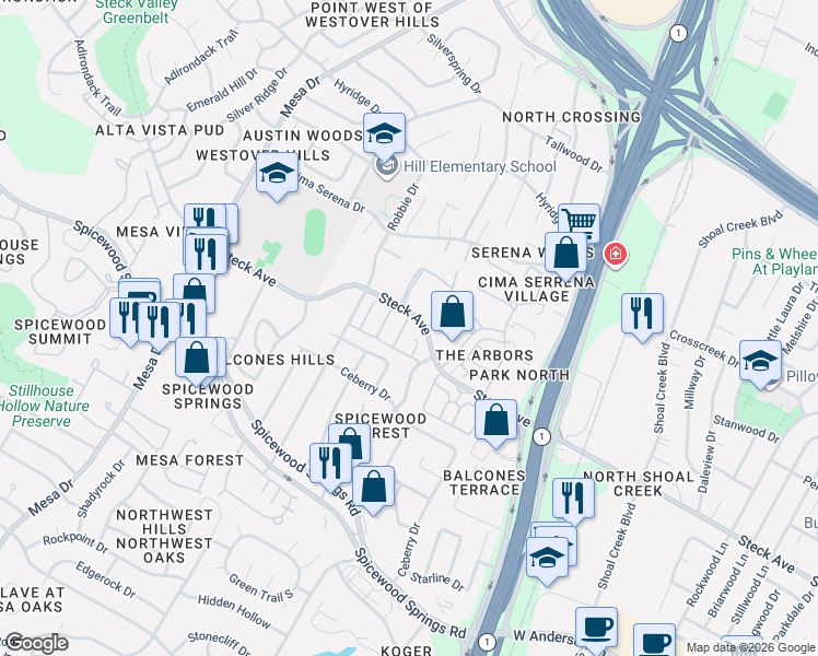 map of restaurants, bars, coffee shops, grocery stores, and more near 8117 East Court in Austin