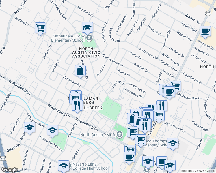 map of restaurants, bars, coffee shops, grocery stores, and more near 1200 Mearns Meadow Boulevard in Austin