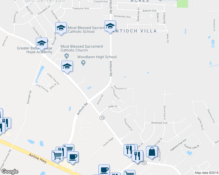 map of restaurants, bars, coffee shops, grocery stores, and more near 16316 La Louisiane Court in Baton Rouge