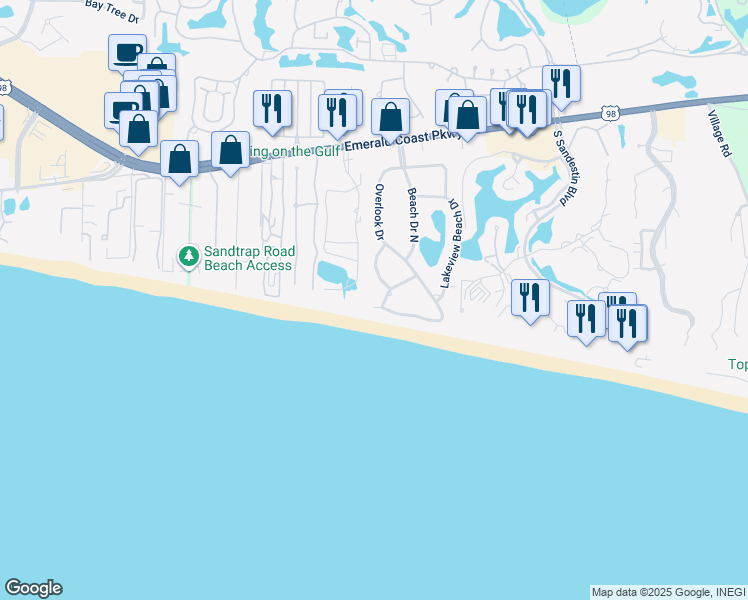 map of restaurants, bars, coffee shops, grocery stores, and more near 100 Beach Drive West in Miramar Beach