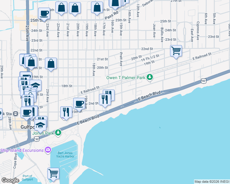 map of restaurants, bars, coffee shops, grocery stores, and more near 1619 3rd Street in Gulfport