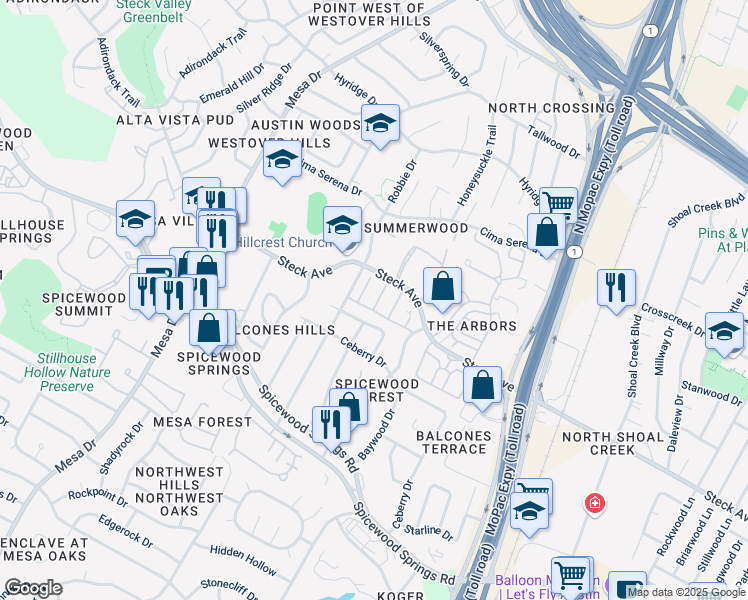 map of restaurants, bars, coffee shops, grocery stores, and more near 8111 West Court in Austin
