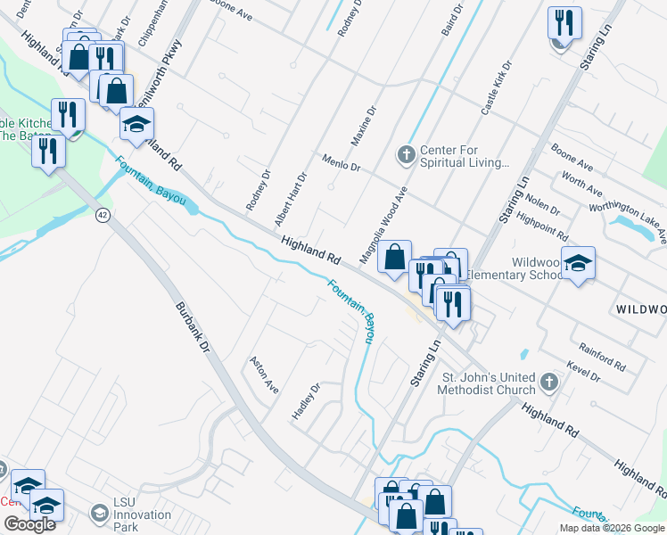 map of restaurants, bars, coffee shops, grocery stores, and more near 8272 Highland Road in Baton Rouge