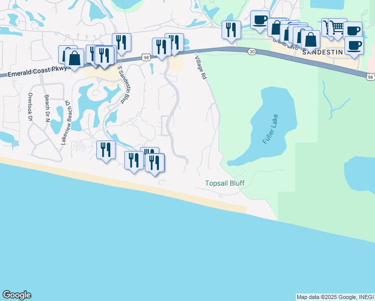 map of restaurants, bars, coffee shops, grocery stores, and more near 515 Tops'l Beach Boulevard in Miramar Beach