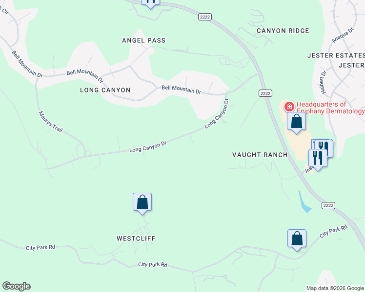map of restaurants, bars, coffee shops, grocery stores, and more near 8105 Long Canyon Drive in Austin