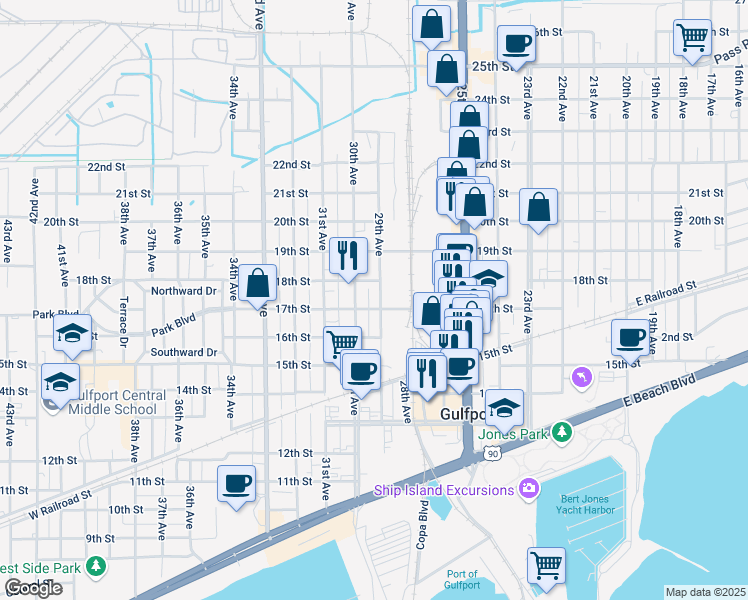 map of restaurants, bars, coffee shops, grocery stores, and more near 1707 29th Avenue in Gulfport