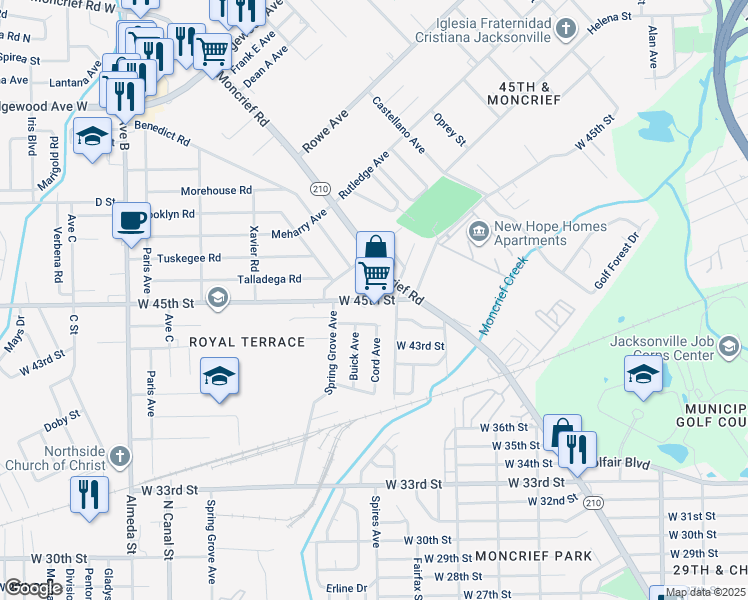 map of restaurants, bars, coffee shops, grocery stores, and more near 1824 West 45th Street in Jacksonville