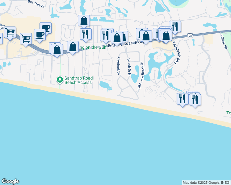 map of restaurants, bars, coffee shops, grocery stores, and more near 100 Beach Drive West in Miramar Beach