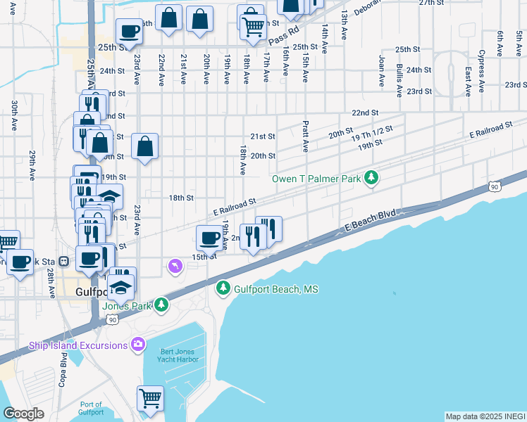 map of restaurants, bars, coffee shops, grocery stores, and more near 1703 3rd Street in Gulfport