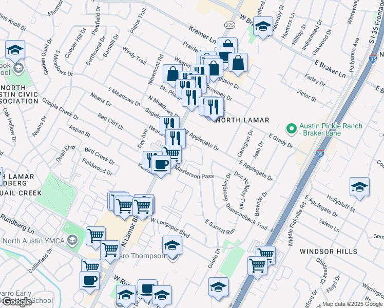 map of restaurants, bars, coffee shops, grocery stores, and more near 10401 North Lamar Boulevard in Austin
