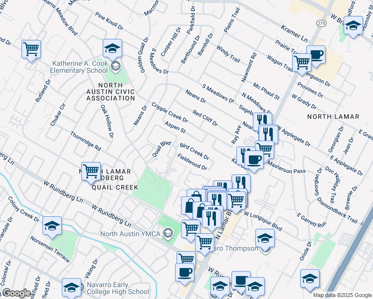 map of restaurants, bars, coffee shops, grocery stores, and more near 1008 Bird Creek Drive in Austin
