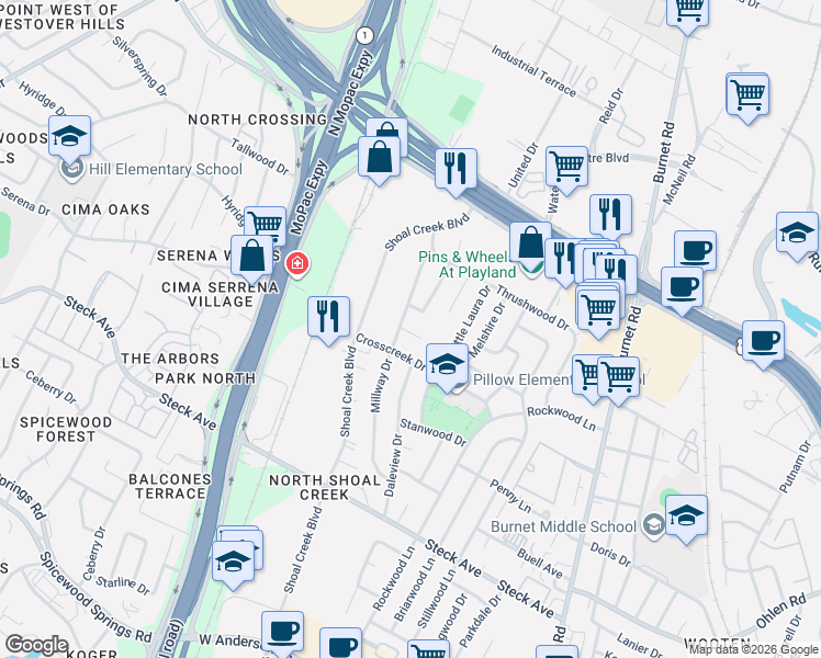 map of restaurants, bars, coffee shops, grocery stores, and more near 3206 Benbrook Drive in Austin