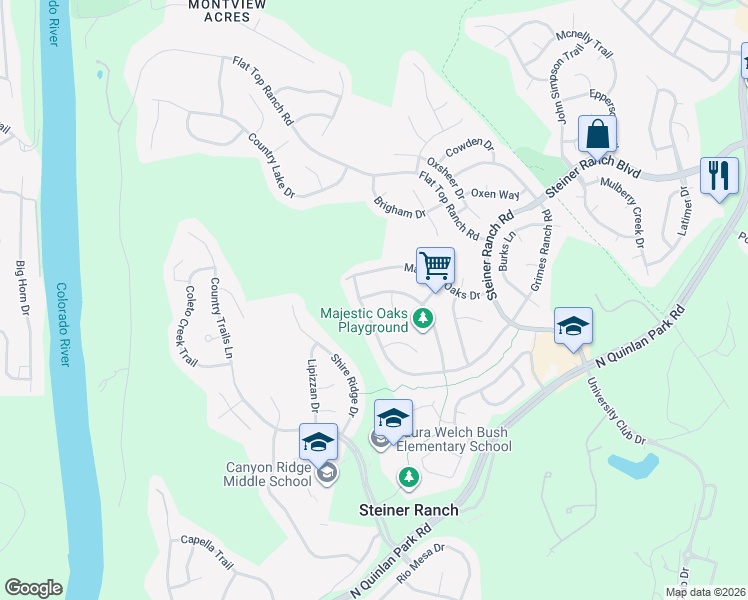 map of restaurants, bars, coffee shops, grocery stores, and more near 2939 Lantana Ridge Drive in Austin
