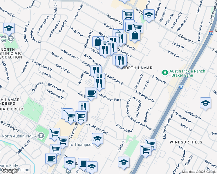 map of restaurants, bars, coffee shops, grocery stores, and more near 10401 North Lamar Boulevard in Austin